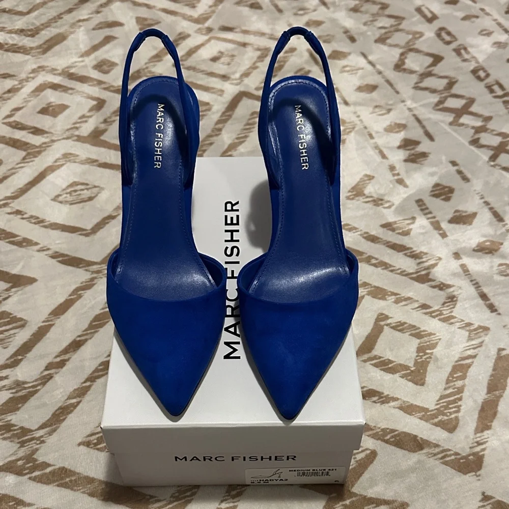 Marc Fisher Hadya Blue Suede Slingback Heels sz 8.5 - Picture 1 of 12